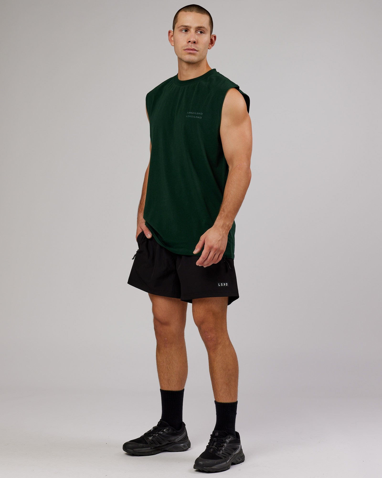 Model wearing Quad FLXCotton Box Tank - Forest