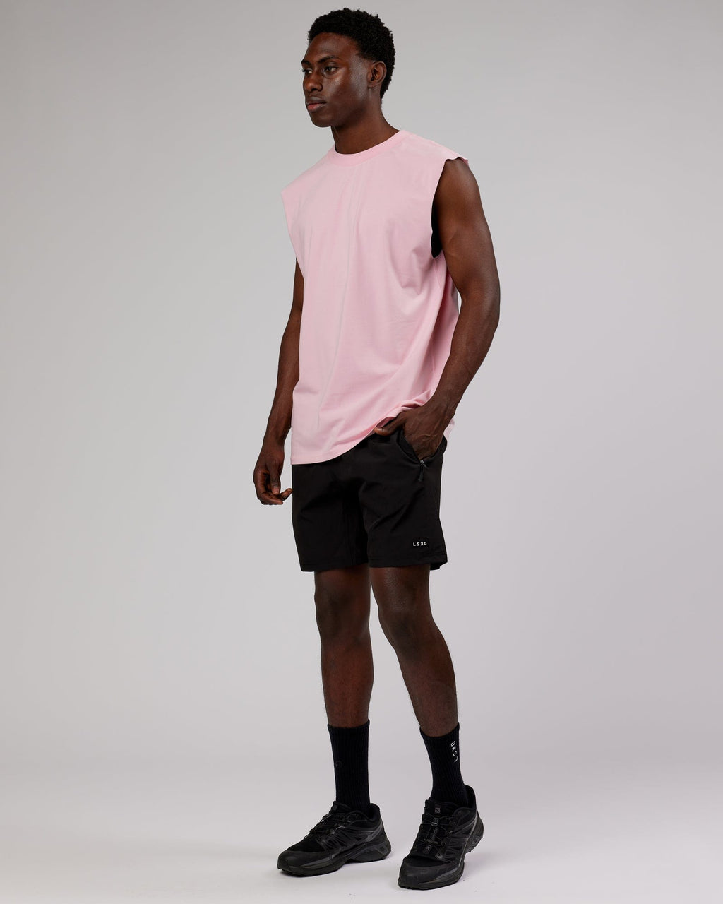 Model wearing Rep 7'' Performance Short - Black-Pink