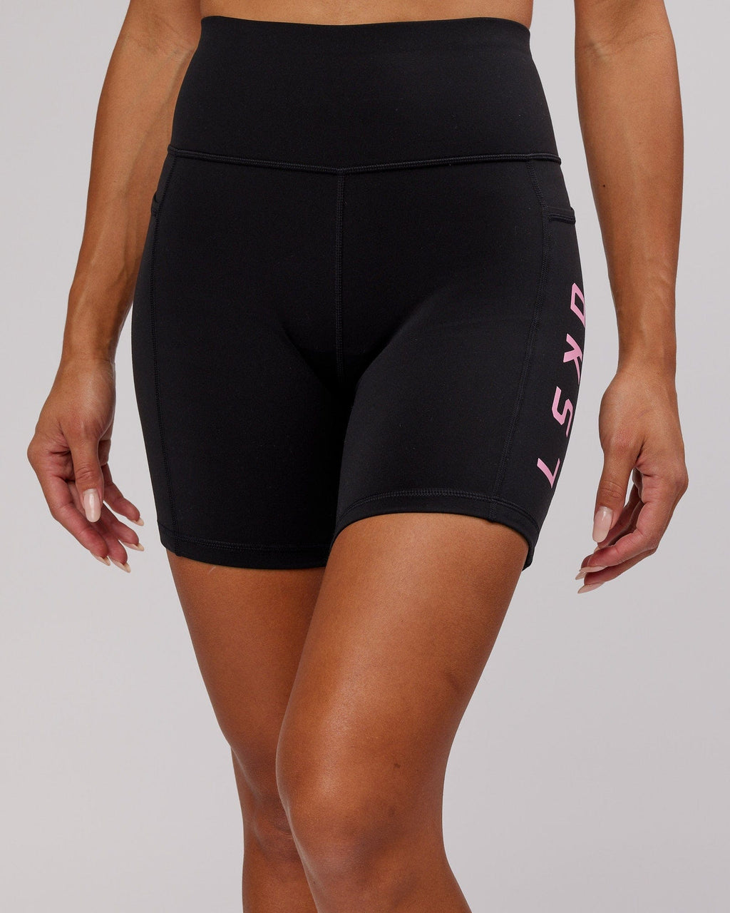 Model wearing Rep Mid Short Tight - Black-Pink Frosting