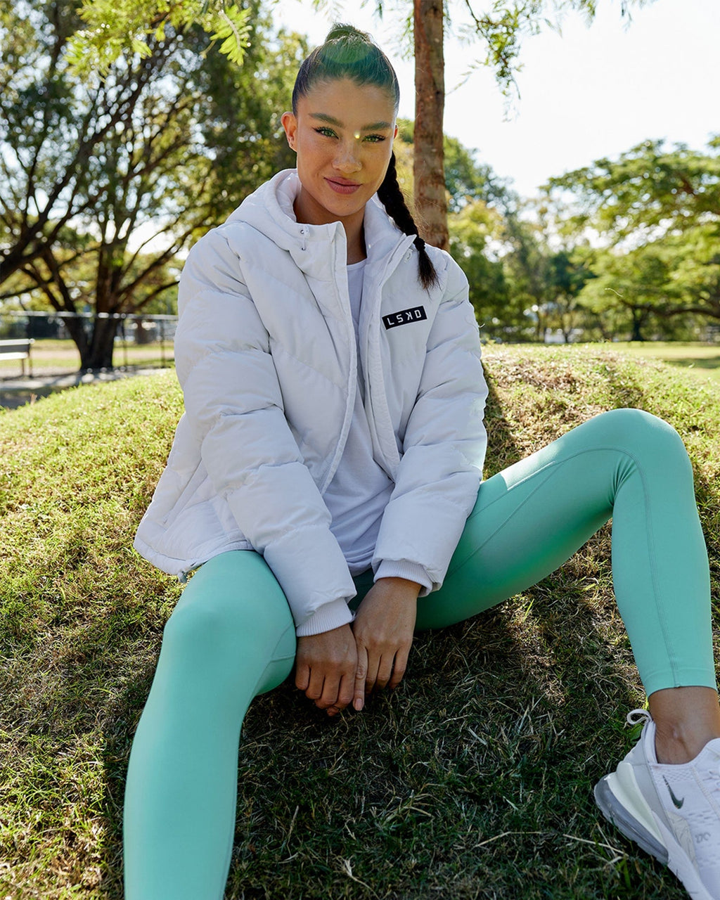 Model wearing Roasted Puffer Jacket 22 - White