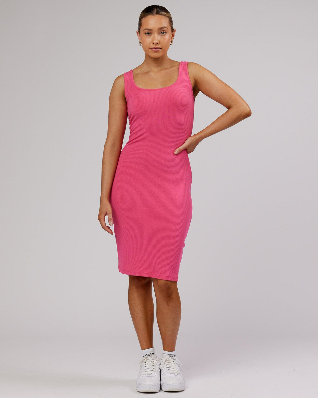 Model wearing Rory Ribbed Dress - Flamingo