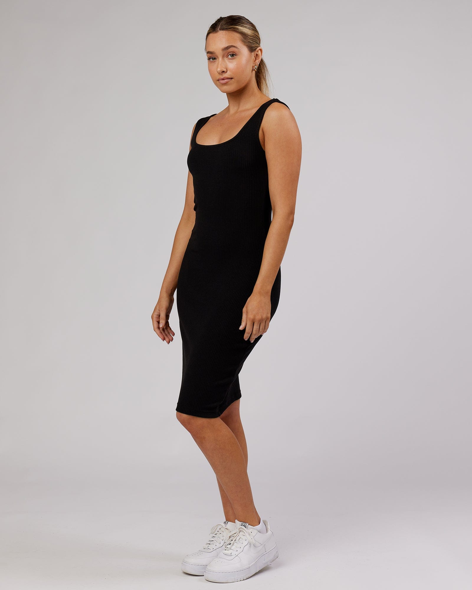 Model wearing Rory Ribbed Dress - Black