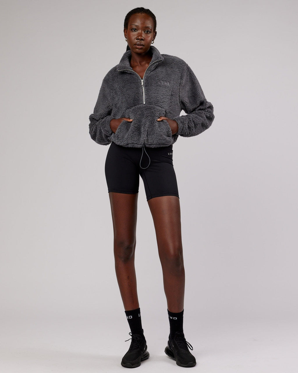 Model wearing Sherpa Crew - Charcoal