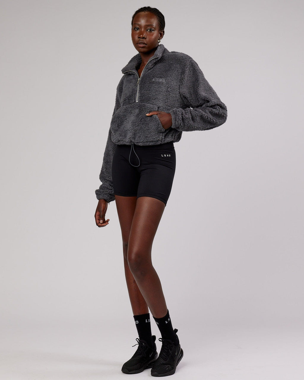 Model wearing Sherpa Crew - Charcoal