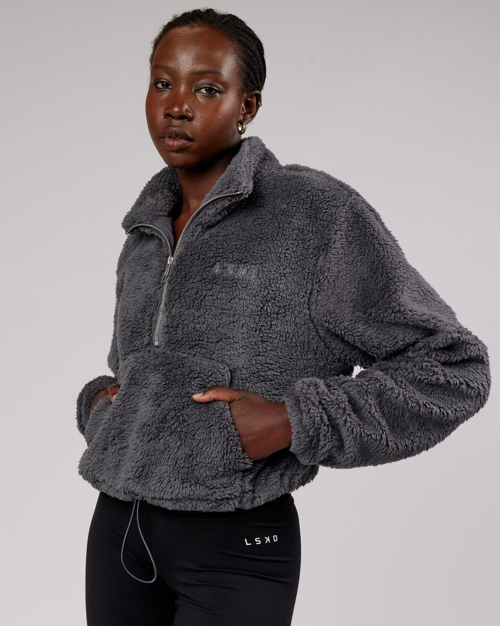 Model wearing Sherpa Crew - Charcoal