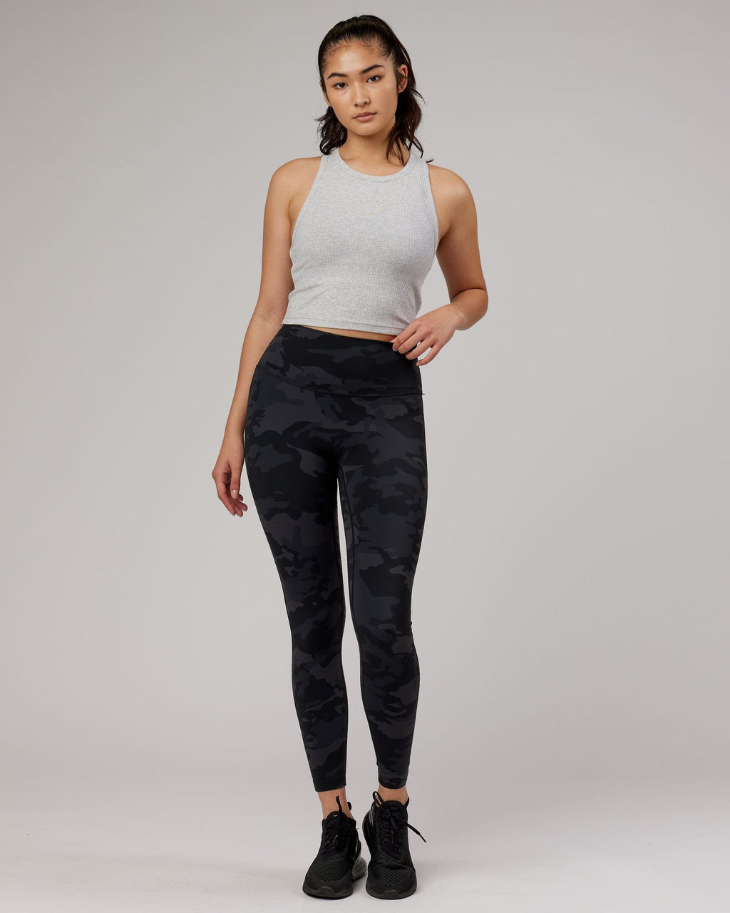 Model wearing Squad Ribbed Tank - Lt Grey Marl