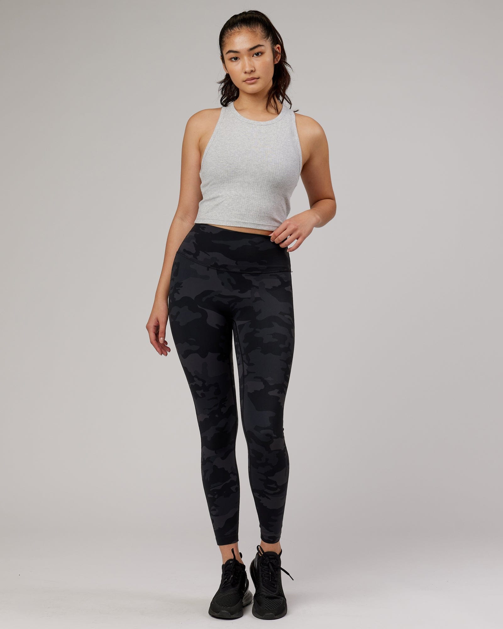 Model wearing Squad Ribbed Tank - Lt Grey Marl