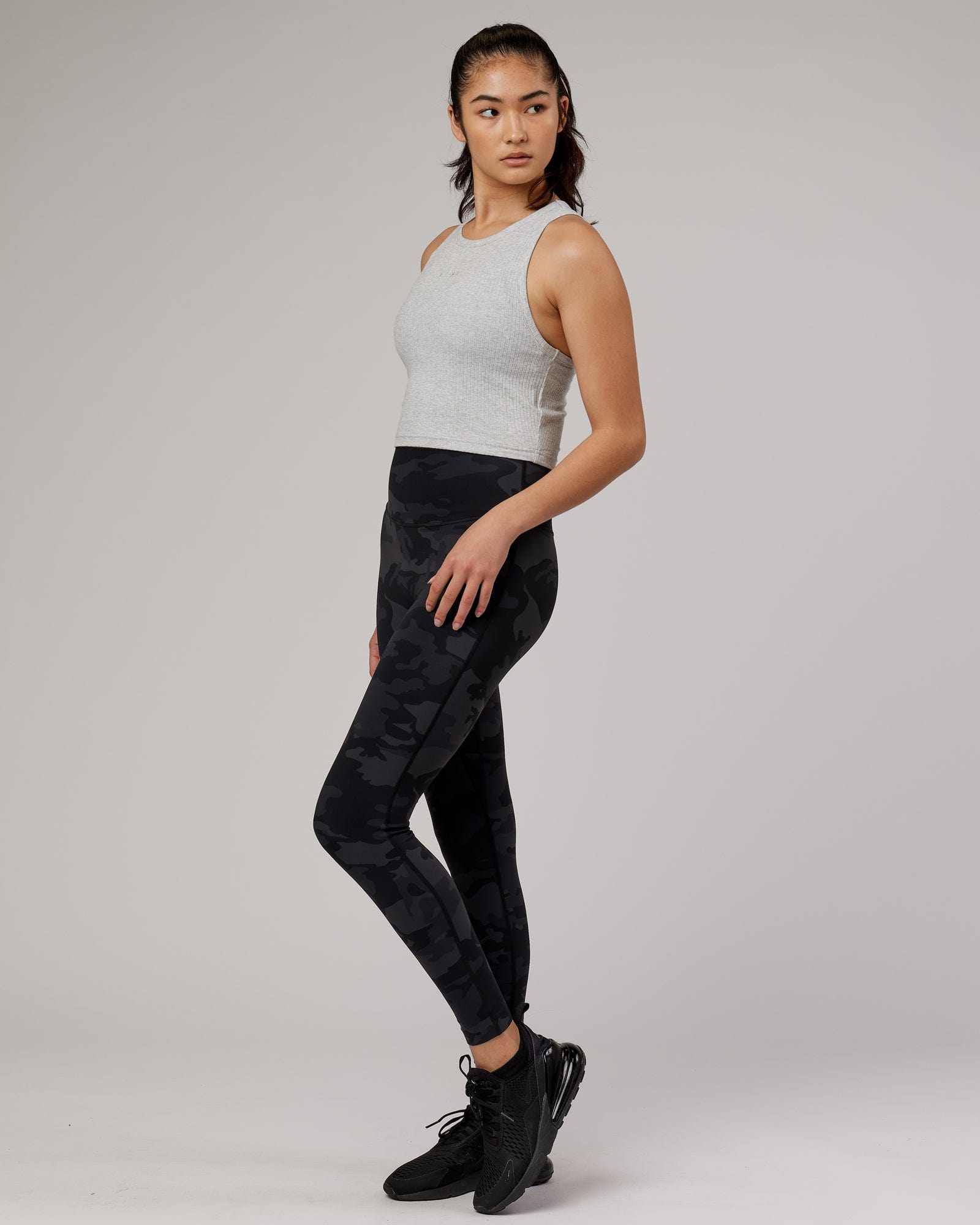 Model wearing Squad Ribbed Tank - Lt Grey Marl