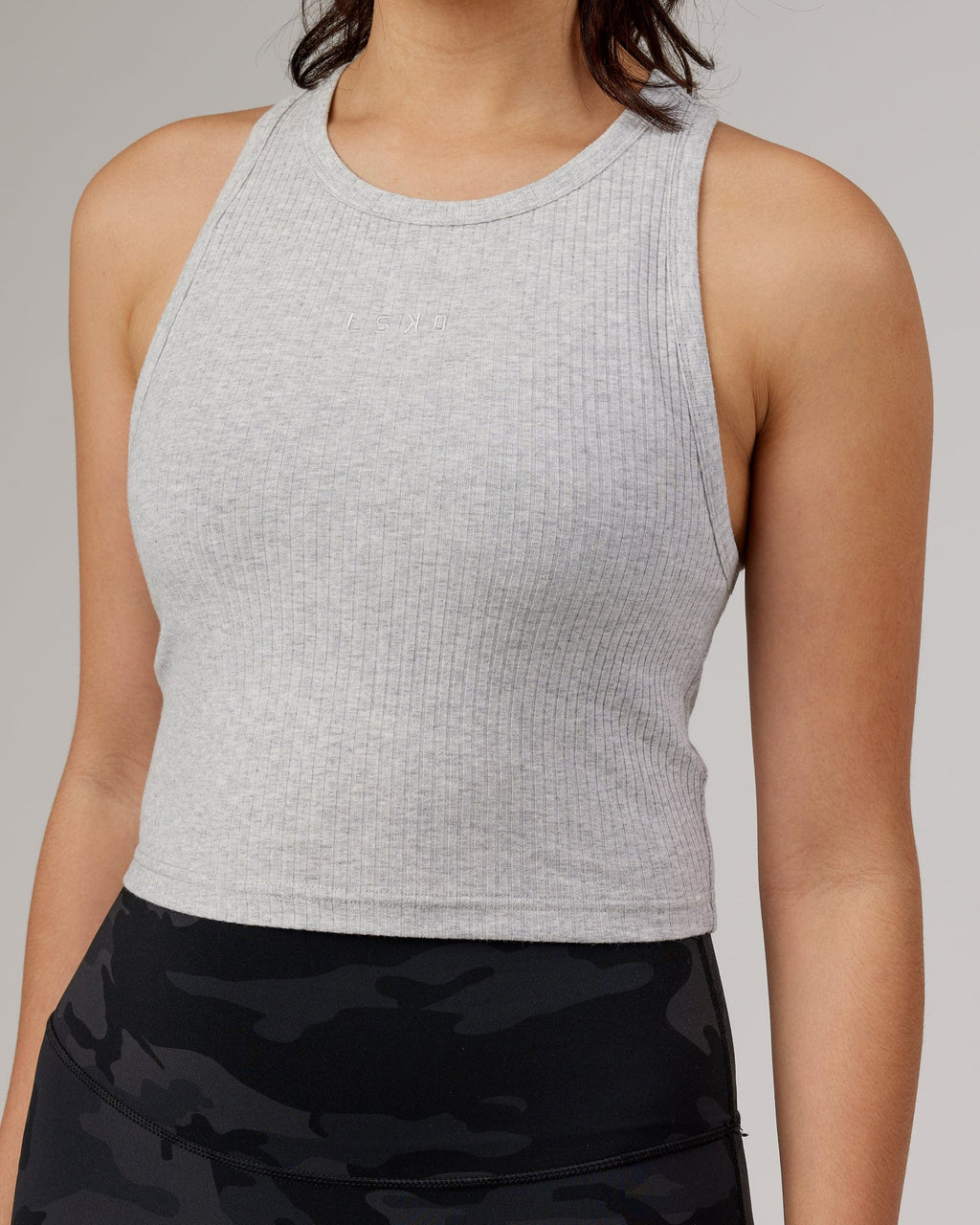 Model wearing Squad Ribbed Tank - Lt Grey Marl