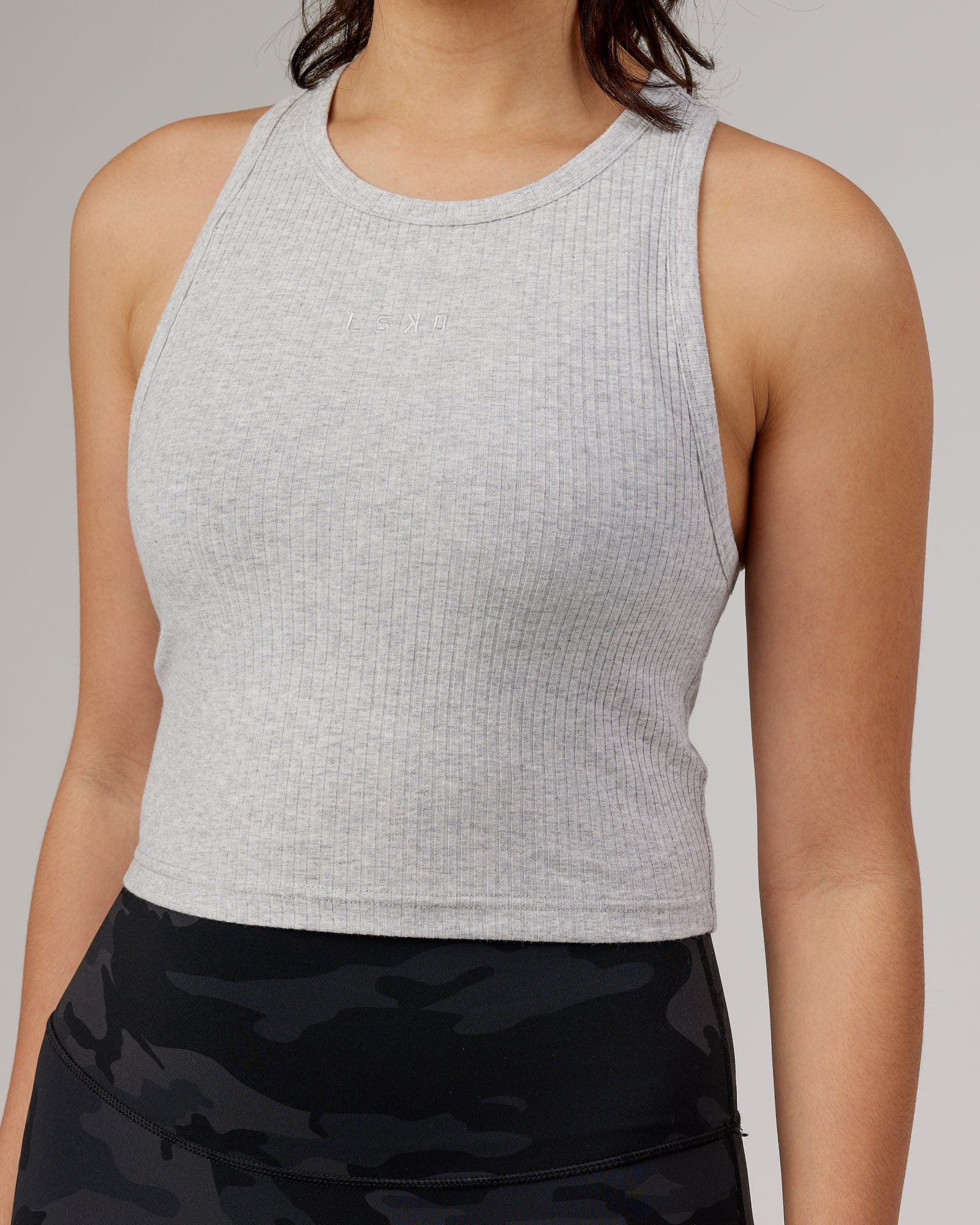 Model wearing Squad Ribbed Tank - Lt Grey Marl