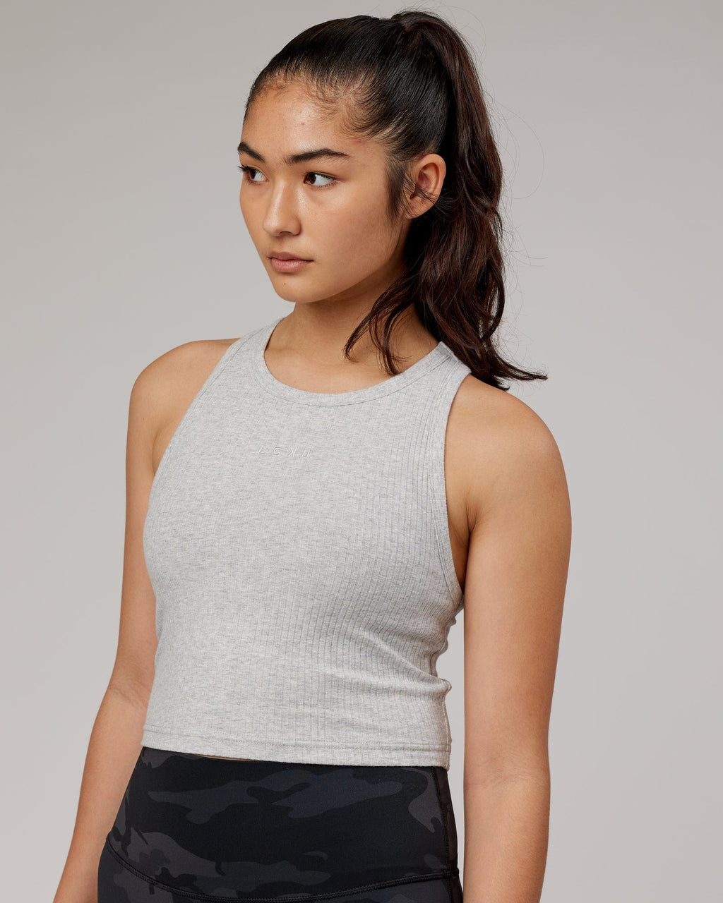 Model wearing Squad Ribbed Tank - Lt Grey Marl