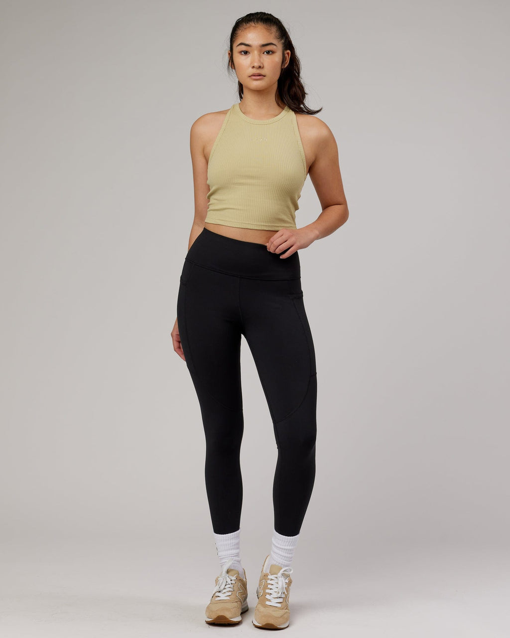 Model wearing Squad Ribbed Tank - Pale Khaki