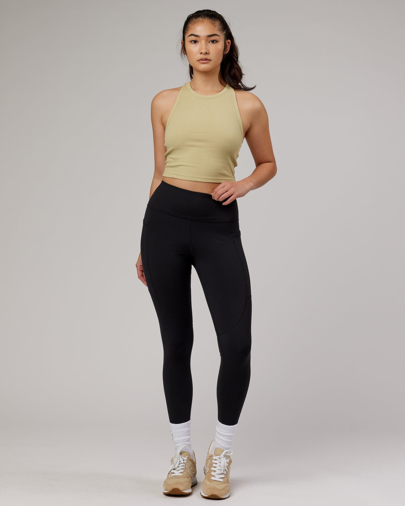 Model wearing Squad Ribbed Tank - Pale Khaki