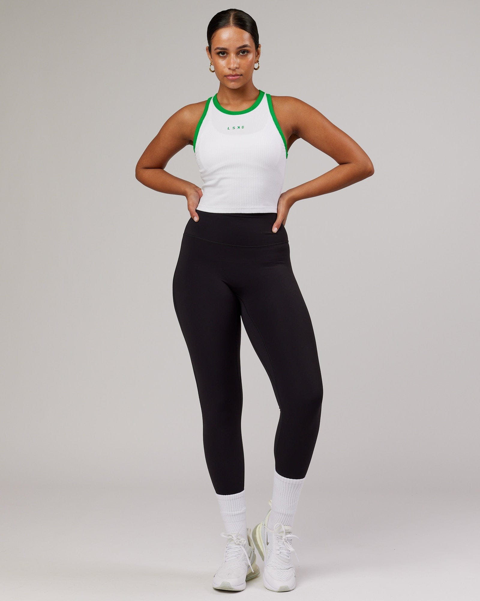 Model wearing Squad Ribbed Crop Tank - White-Vivid Green