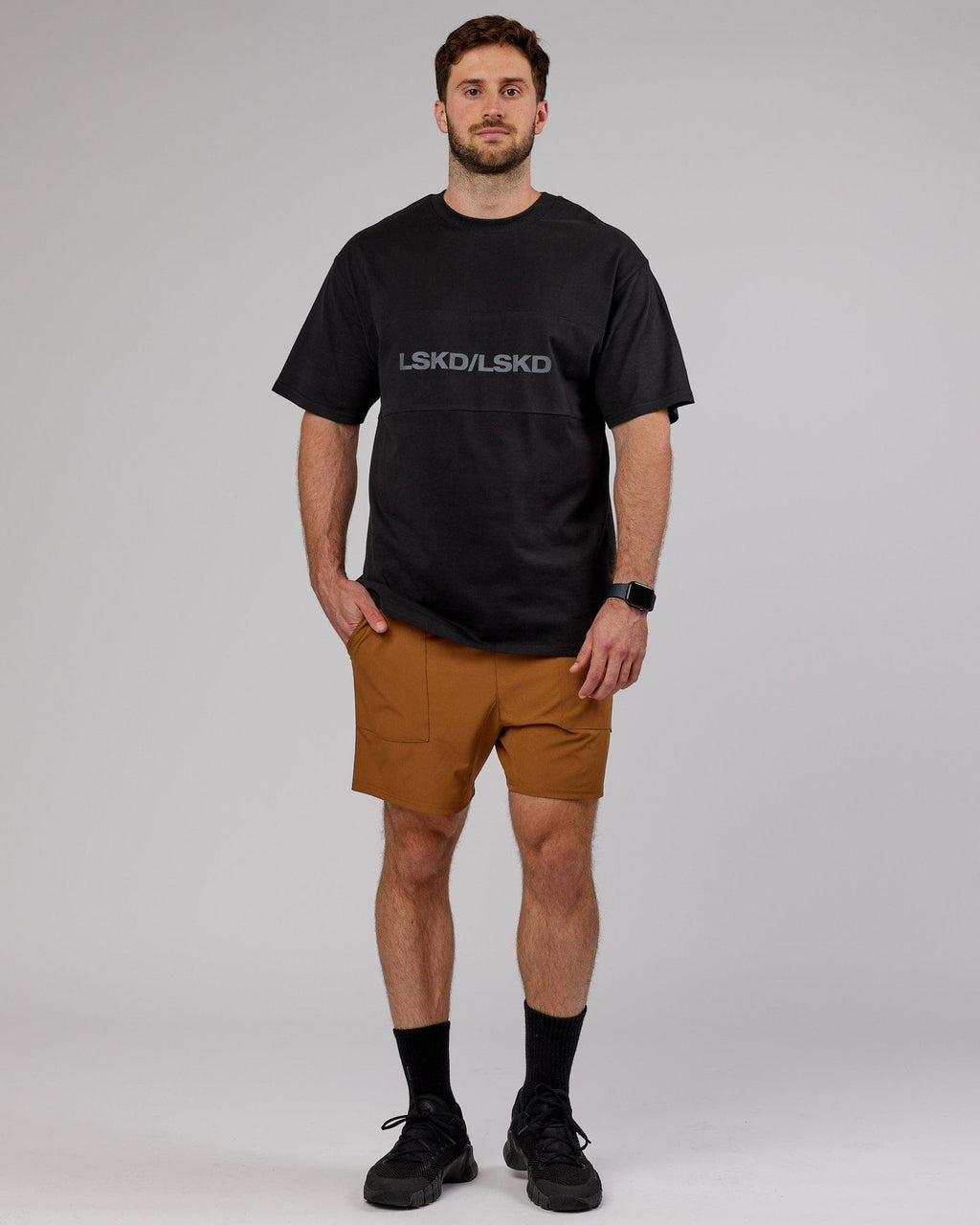 Model wearing Street Tech Short - Camel