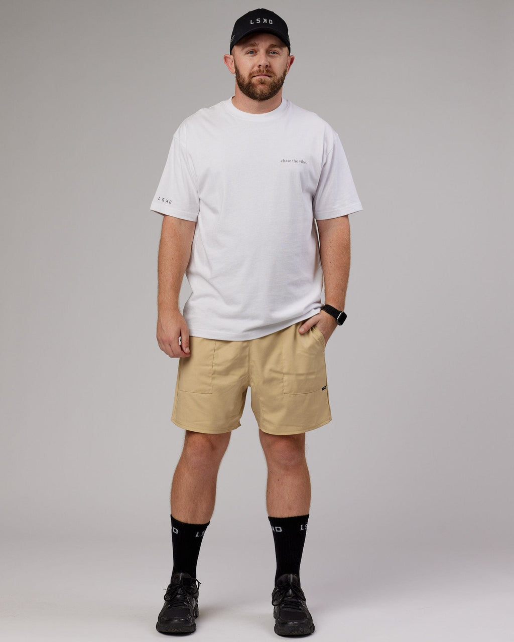 Model wearing Street Tech Short - Pale Khaki