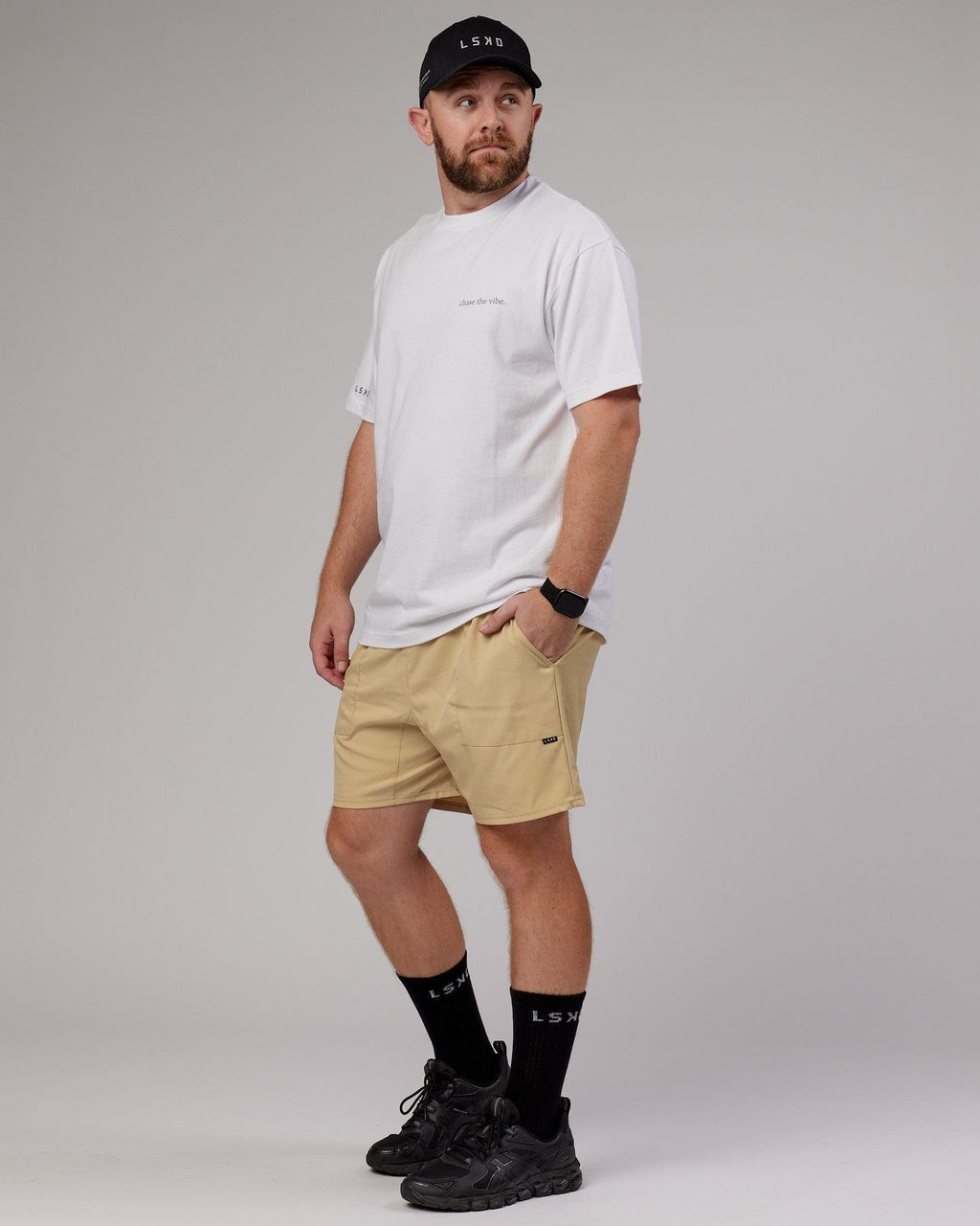 Model wearing Street Tech Short - Pale Khaki