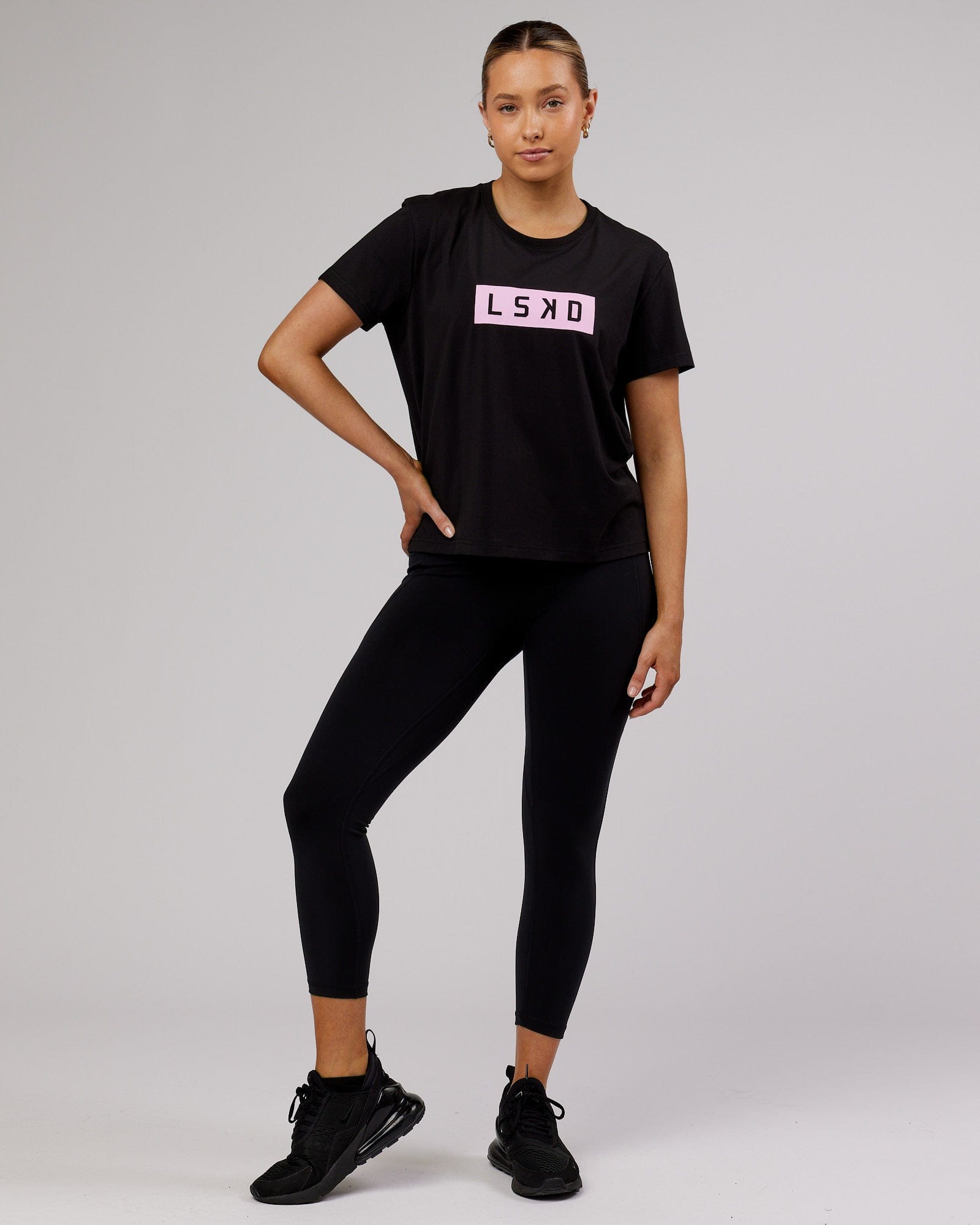 Model wearing Strength FLXCotton Tee - Black-Pink Frosting