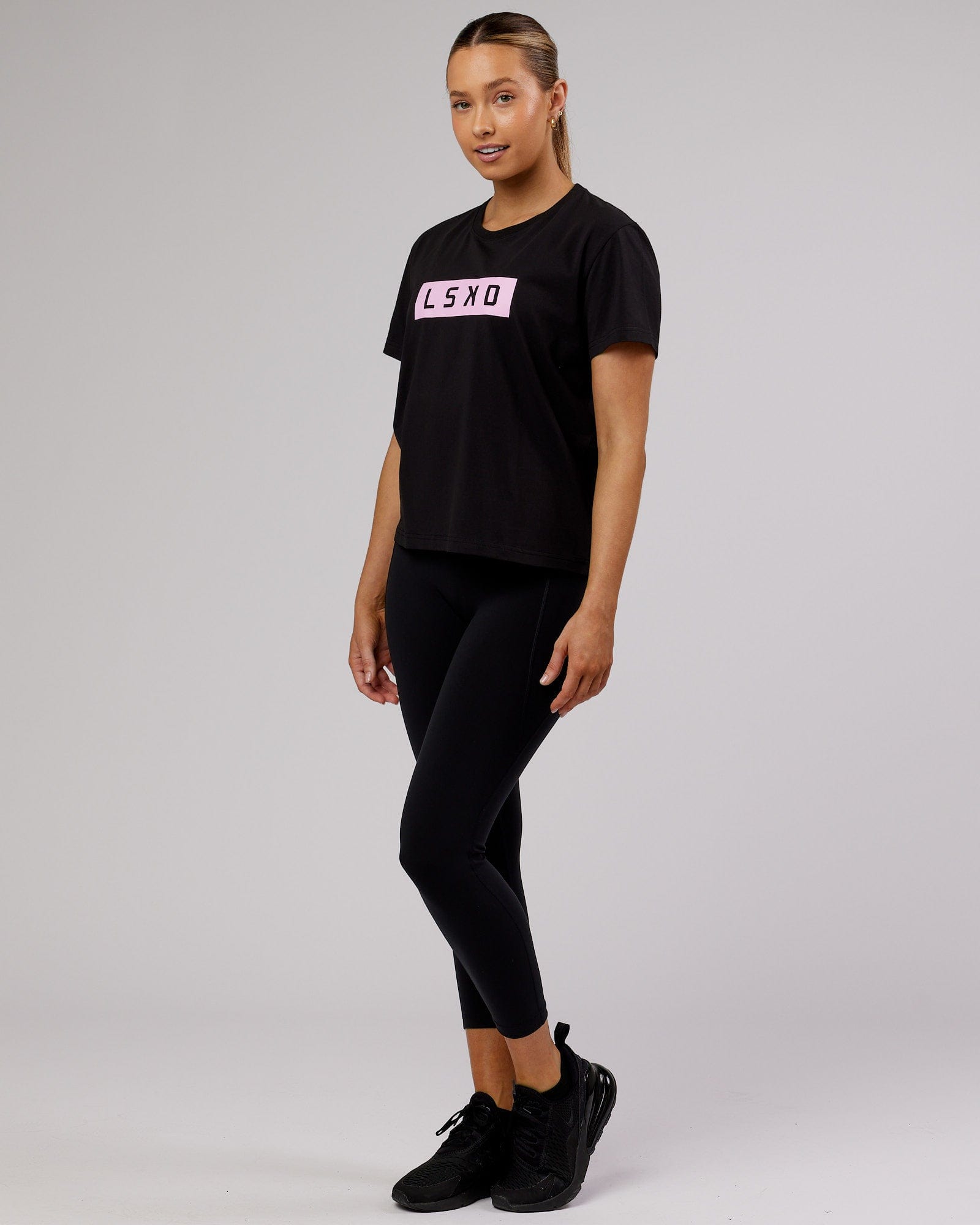 Model wearing Strength FLXCotton Tee - Black-Pink Frosting