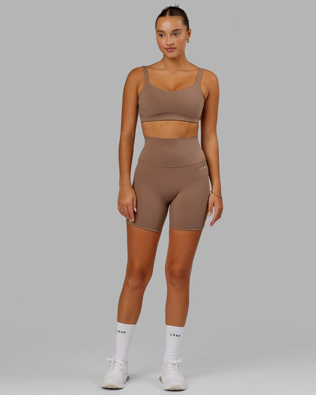 Model wearing Structure Sports Bra - Deep Taupe