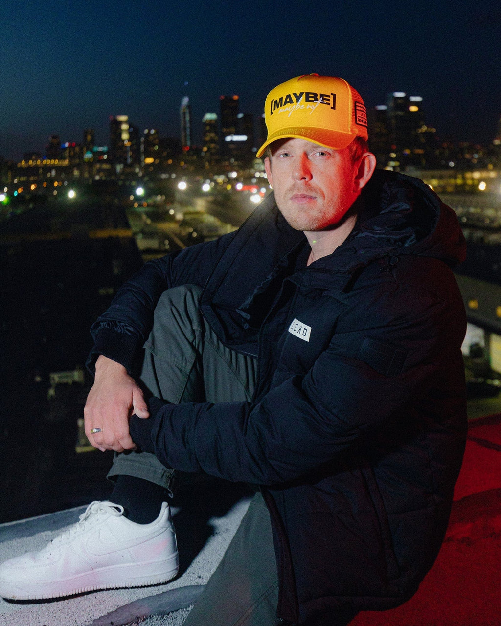 Model wearing TOBK Trucker Hat - Yellow