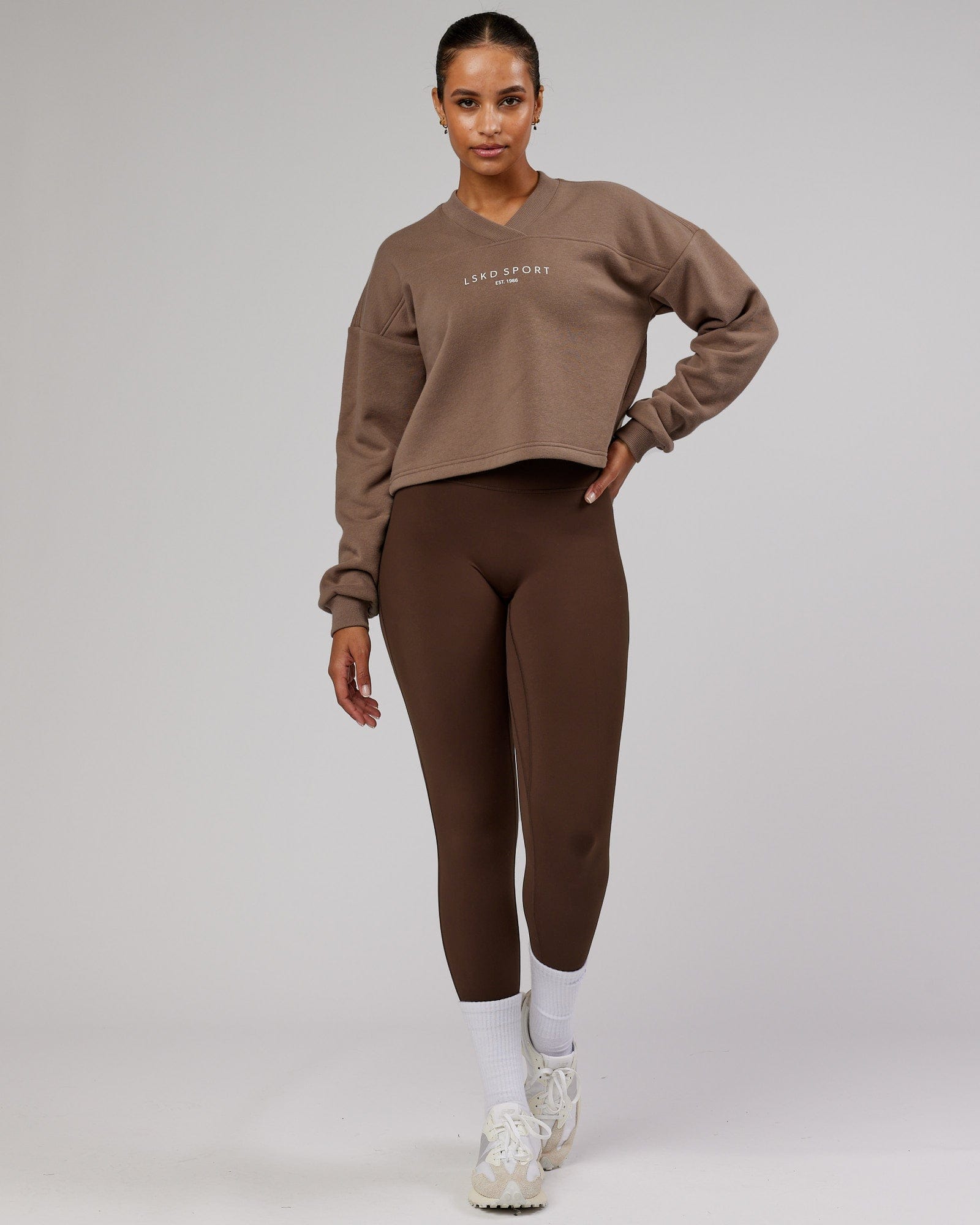 Model wearing Touchdown Sweater - Deep Taupe