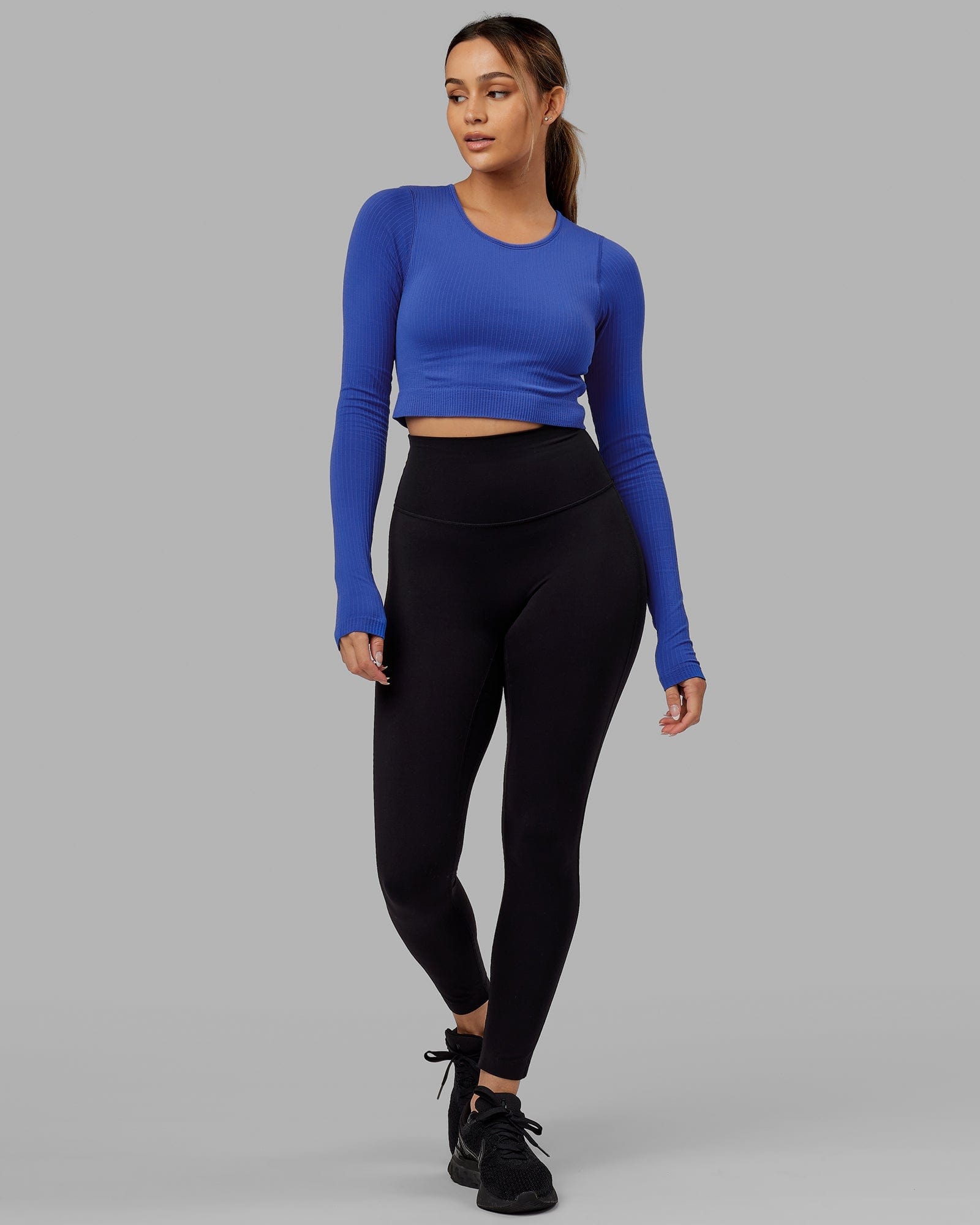 Model wearing Ultra Soft Seamless LS Top - Power Cobalt