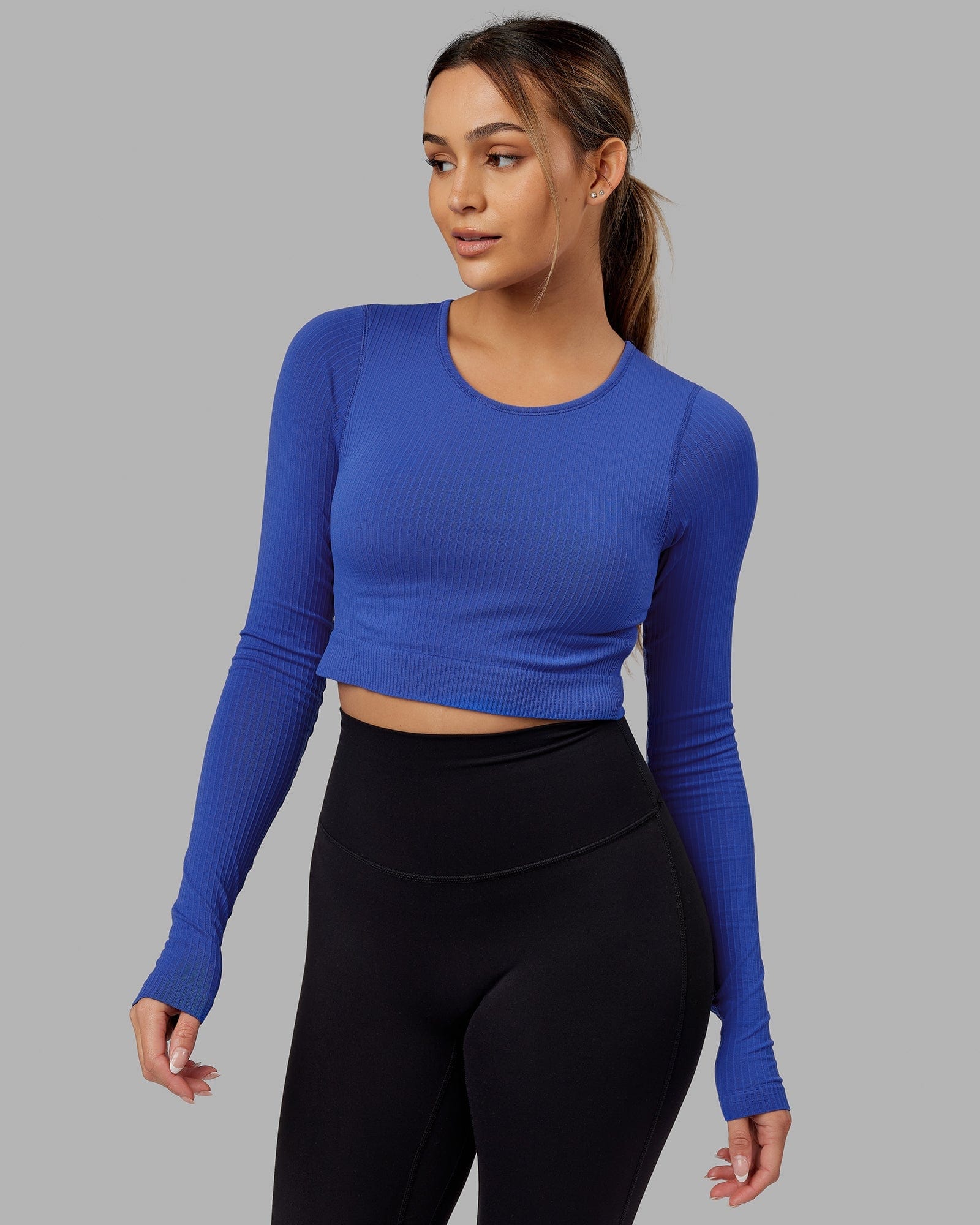 Model wearing Ultra Soft Seamless LS Top - Power Cobalt