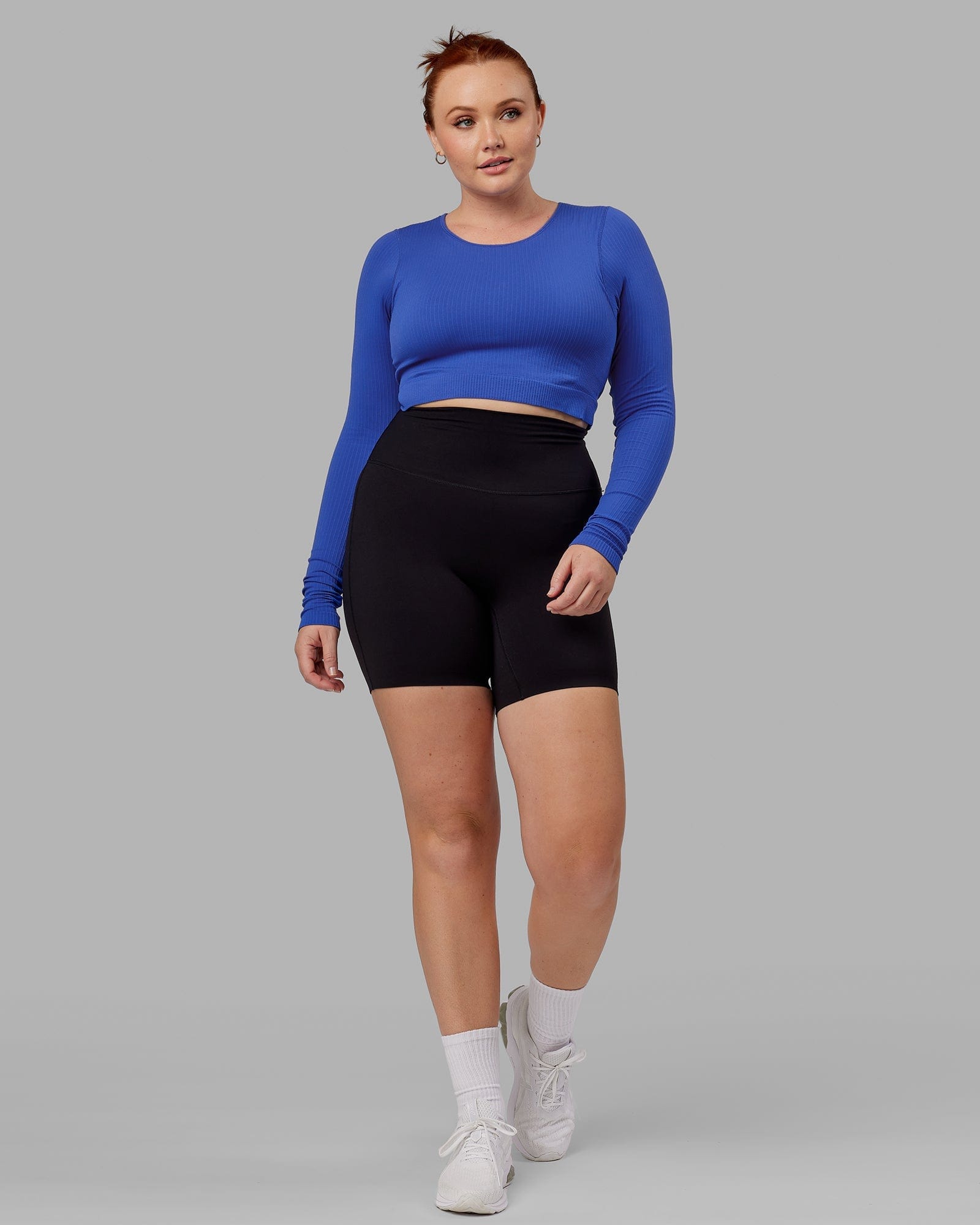 Model wearing Ultra Soft Seamless LS Top - Power Cobalt