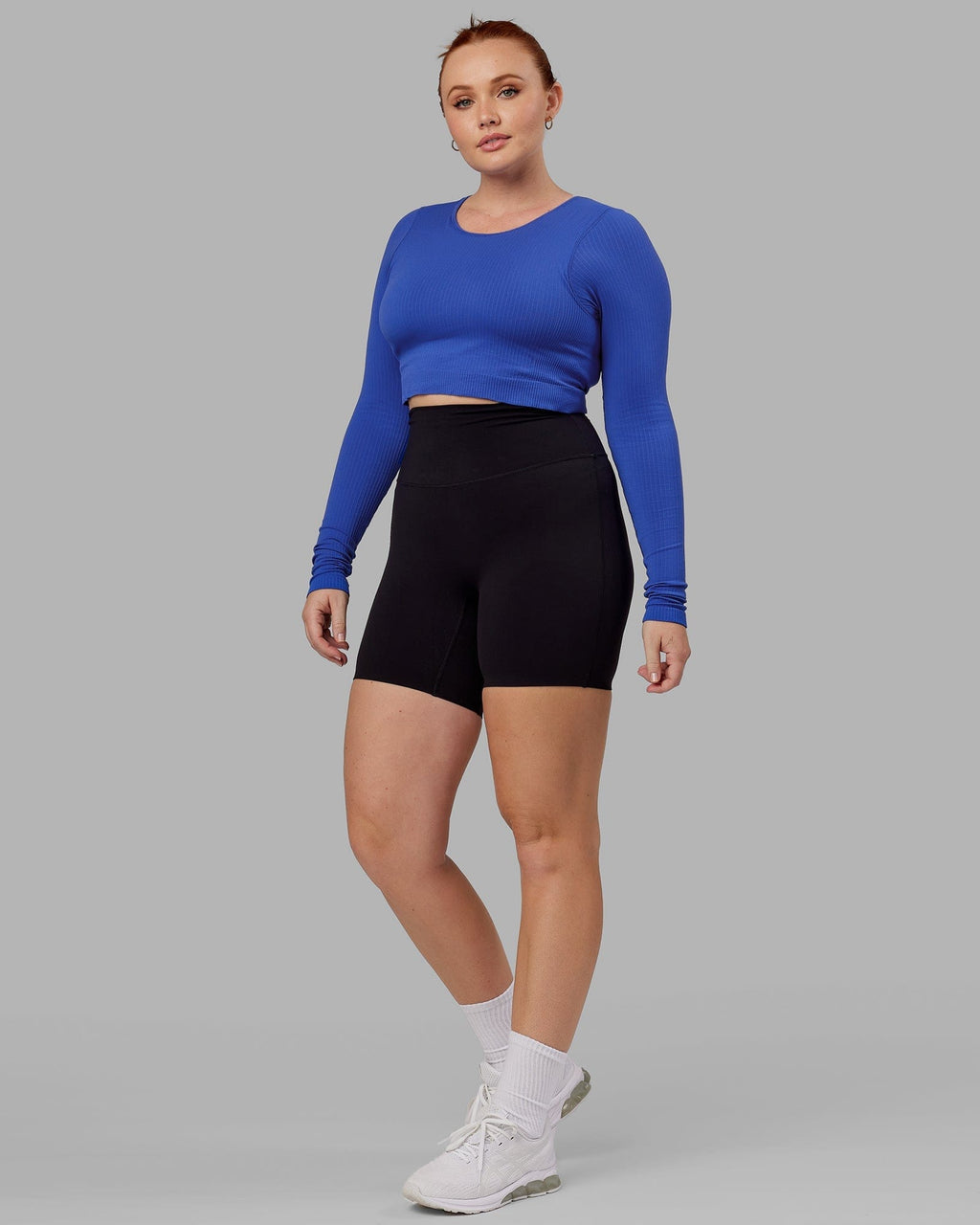 Model wearing Ultra Soft Seamless LS Top - Power Cobalt