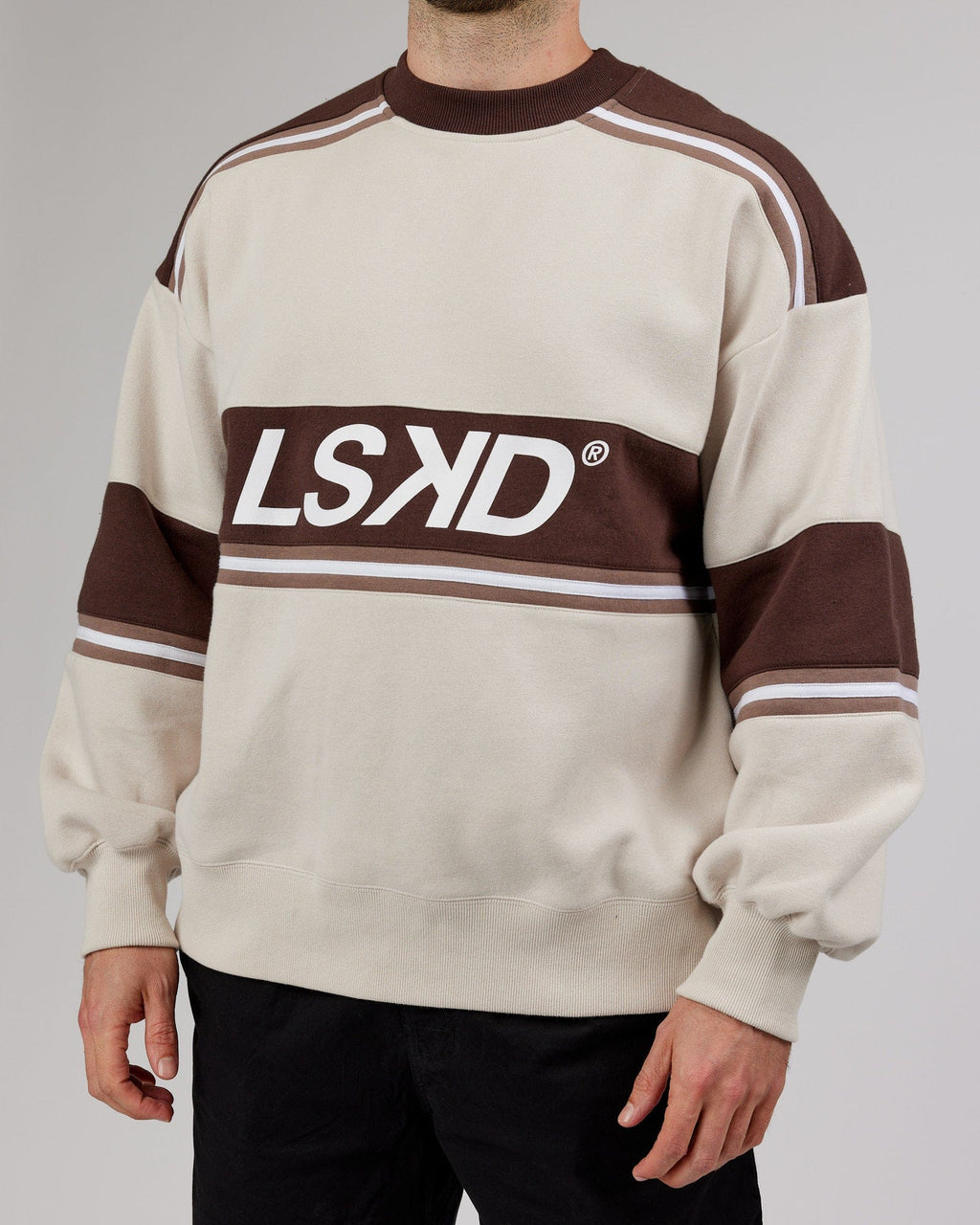 Model wearing Unisex A-Team Sweater Oversize - White-Deep Taupe