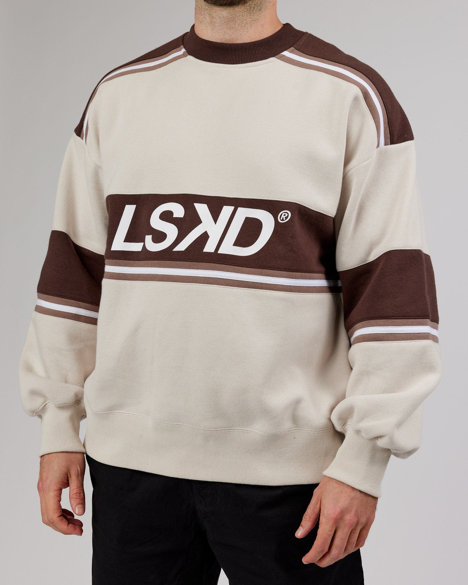 Model wearing Unisex A-Team Sweater Oversize - White-Deep Taupe