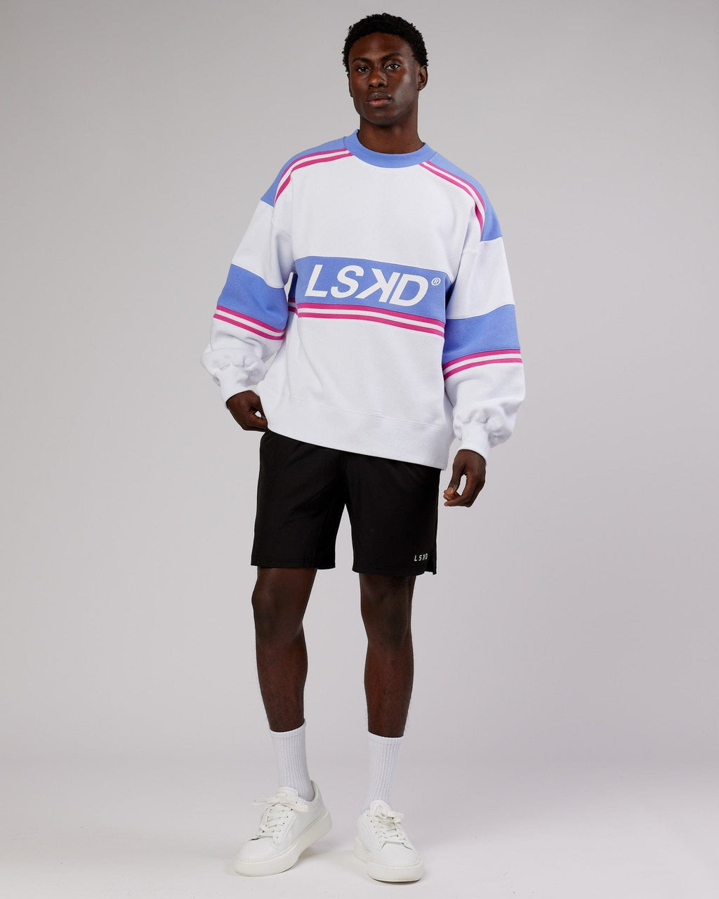 Model wearing Unisex A-Team Sweater Oversize - White-Cornflower Blue