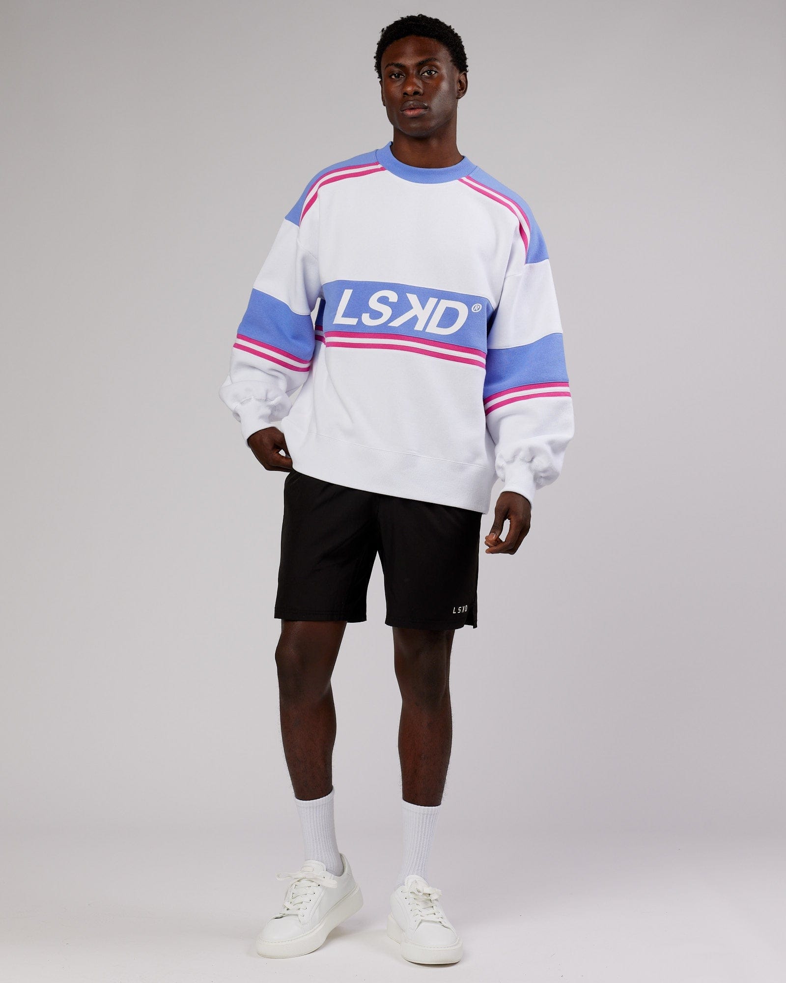 Model wearing Unisex A-Team Sweater Oversize - White-Cornflower Blue