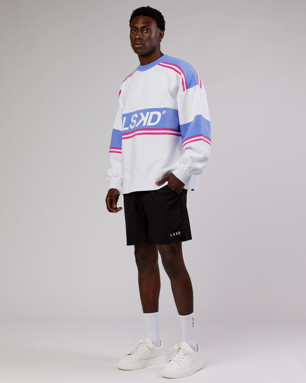 Model wearing Unisex A-Team Sweater Oversize - White-Cornflower Blue