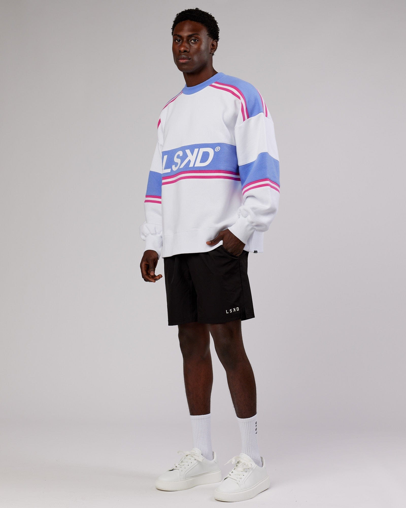 Model wearing Unisex A-Team Sweater Oversize - White-Cornflower Blue