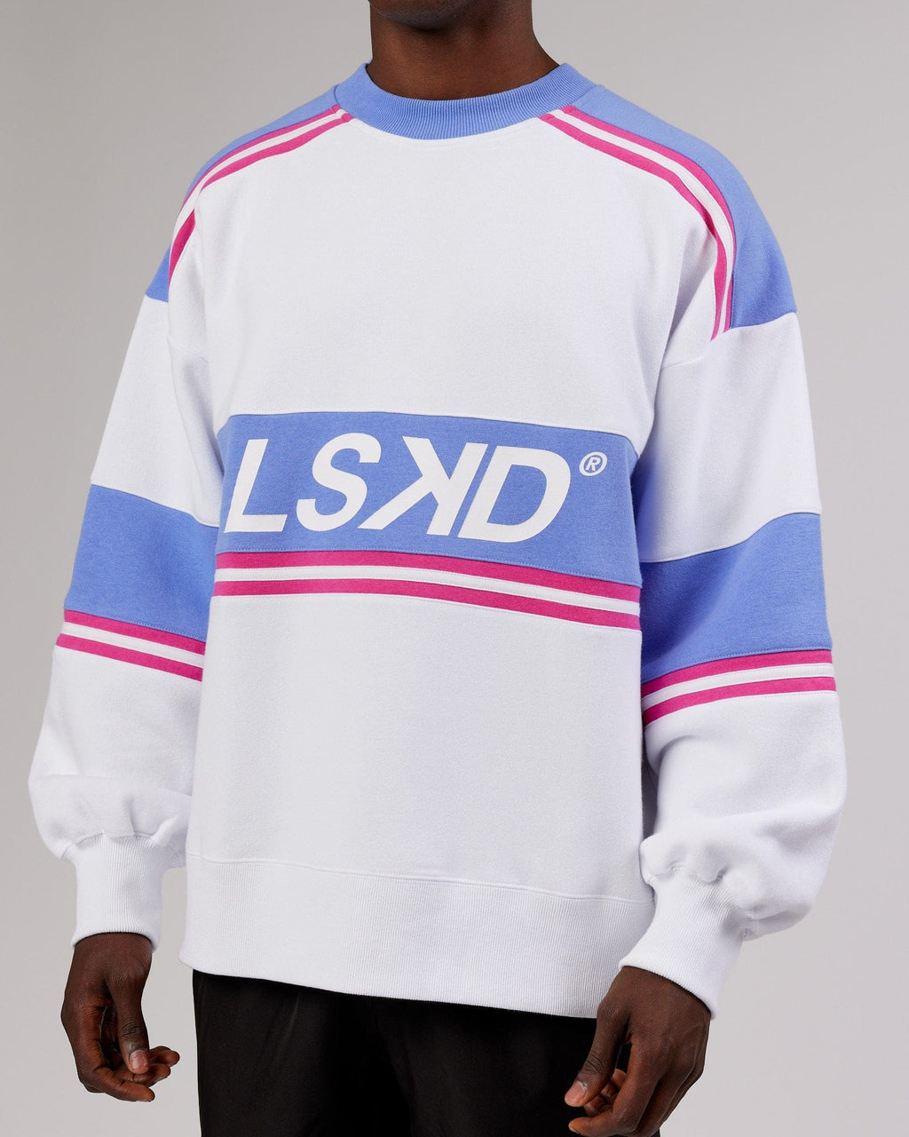 Model wearing Unisex A-Team Sweater Oversize - White-Cornflower Blue