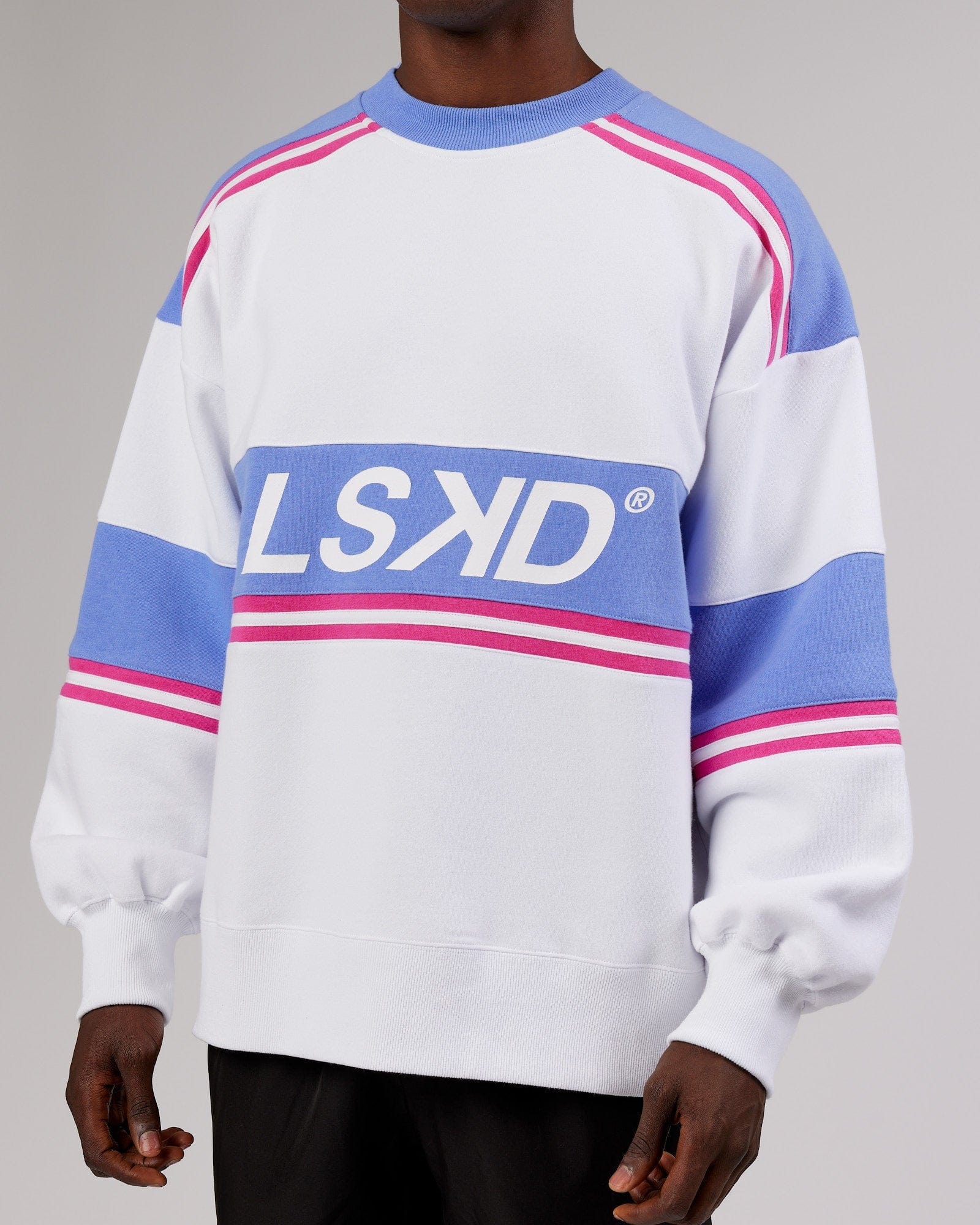 Model wearing Unisex A-Team Sweater Oversize - White-Cornflower Blue