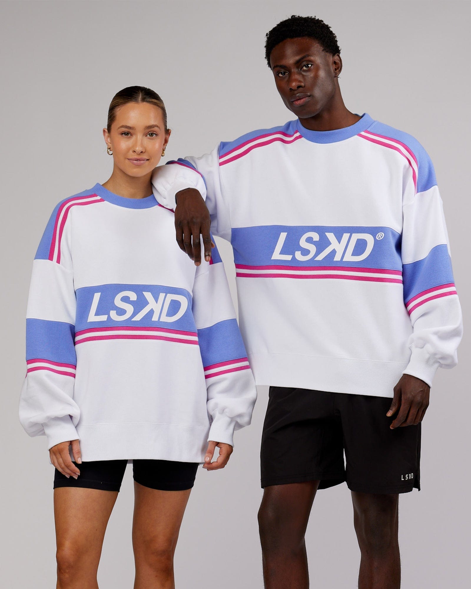 Model wearing Unisex A-Team Sweater Oversize - White-Cornflower Blue