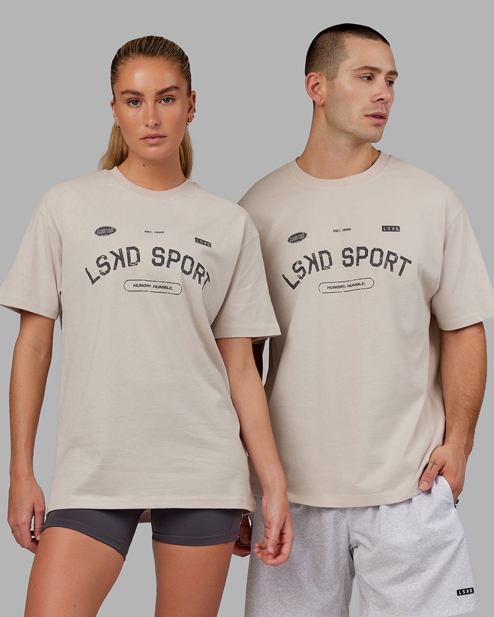 Model wearing Unisex Free Throw Heavyweight Tee Oversize - Shale Biege