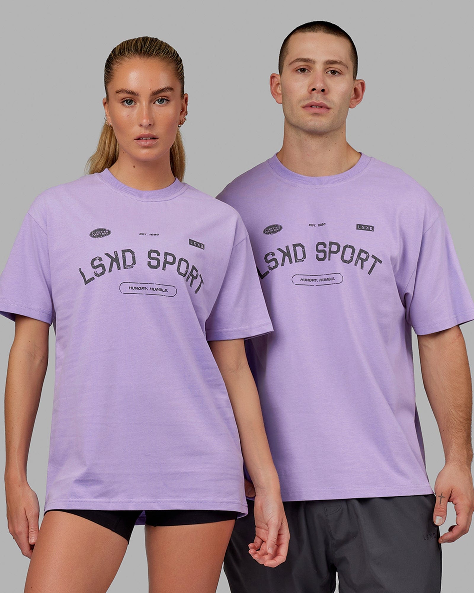 Model wearing Unisex Free Throw Heavyweight Tee Oversize - Peak Purple
