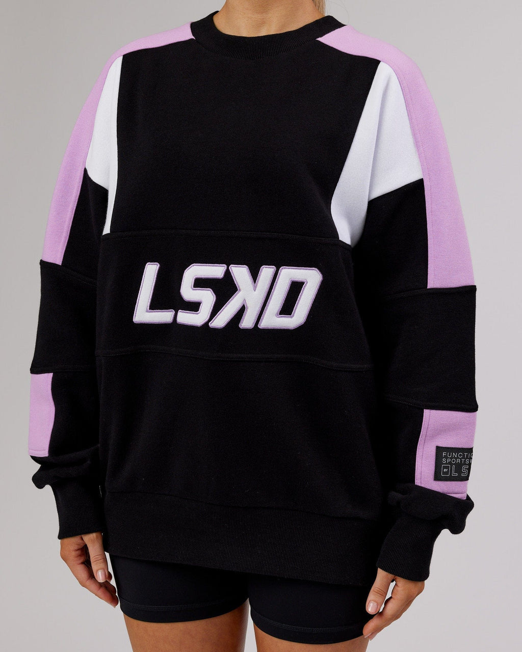 Model wearing Unisex Slam Sweater Oversize - Black-Lilac