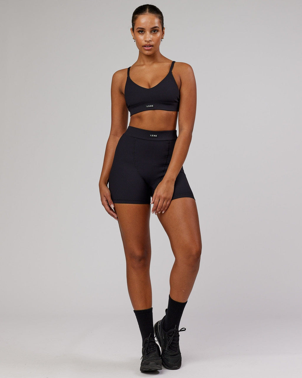 Model wearing Vitalize Ribbed Short - Black