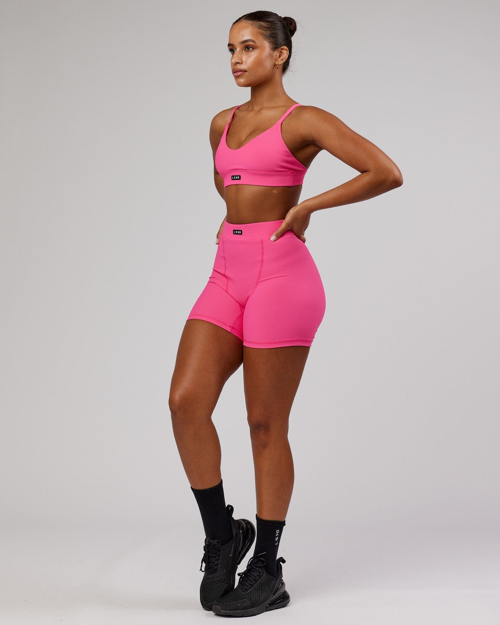Model wearing Vitalize Ribbed Short - Flamingo