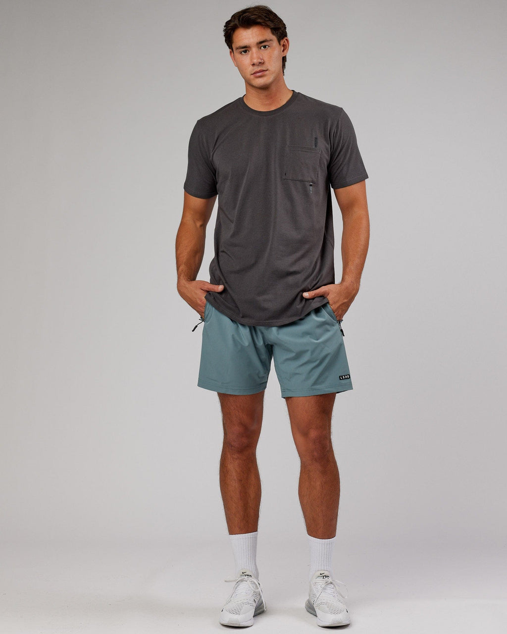 Model wearing Weld FLXCotton Pocket Tee - Asphalt