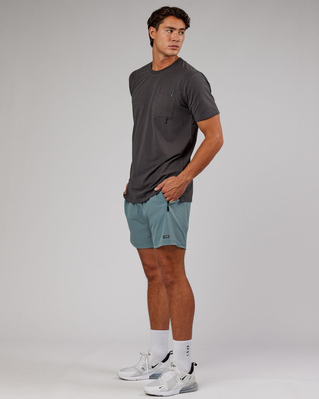 Model wearing Weld FLXCotton Pocket Tee - Asphalt