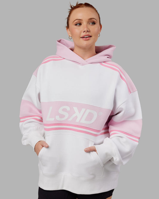Model wearing A-Team Hoodie Oversize - White-Petal Pink