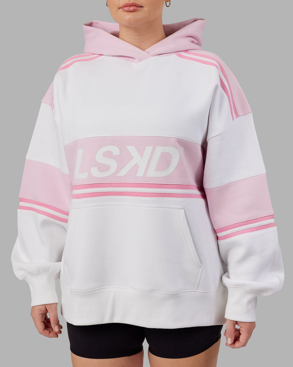 Model wearing A-Team Hoodie Oversize - White-Petal Pink