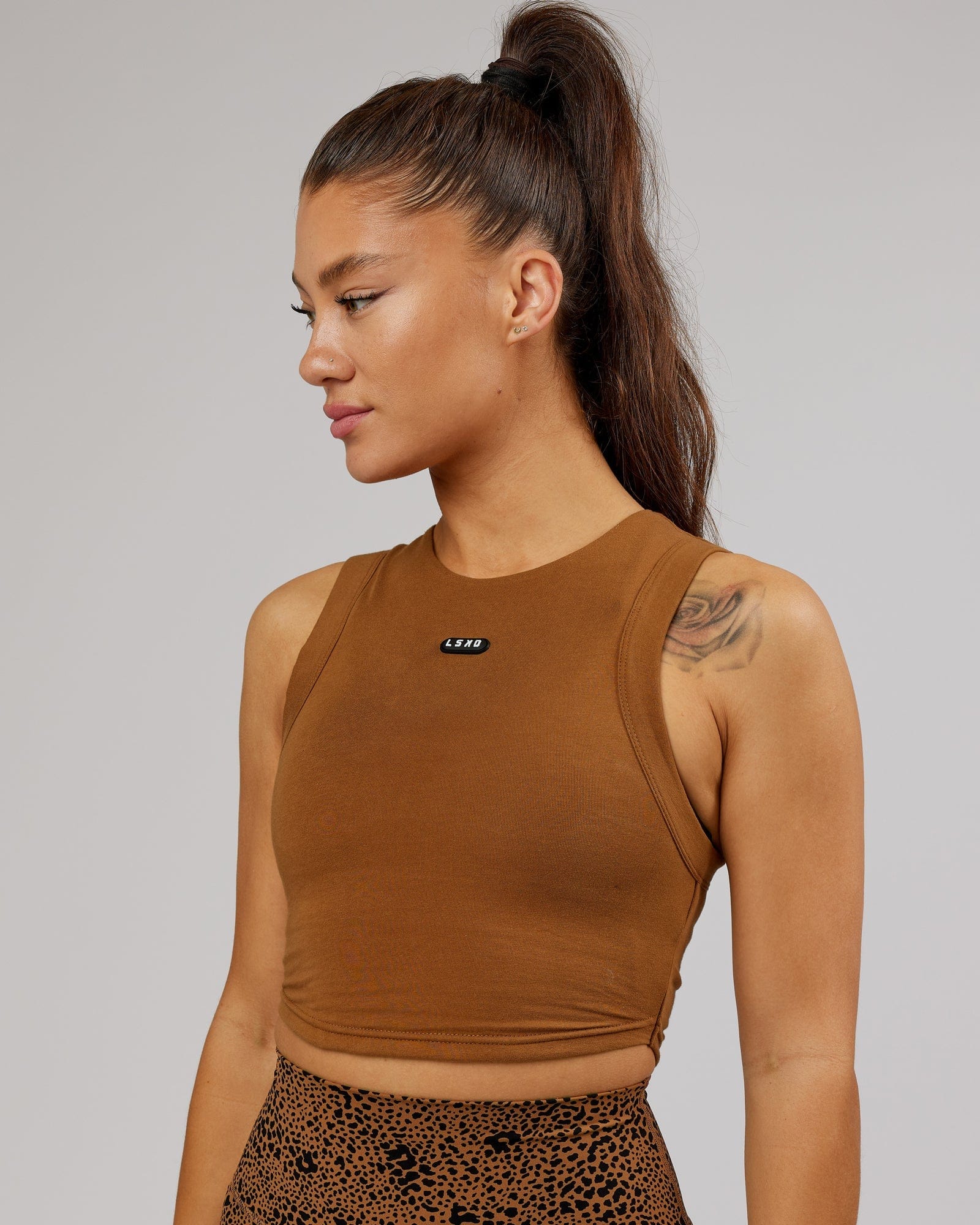 Model wearing Capsule Tank - Camel