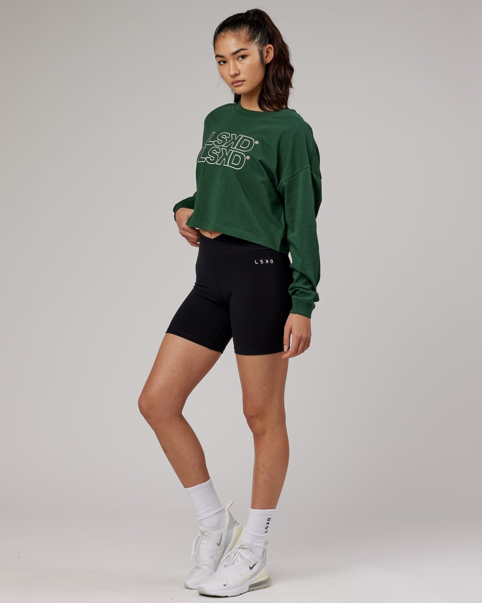 Model wearing Stacks Up LS Tee - Pineneedle